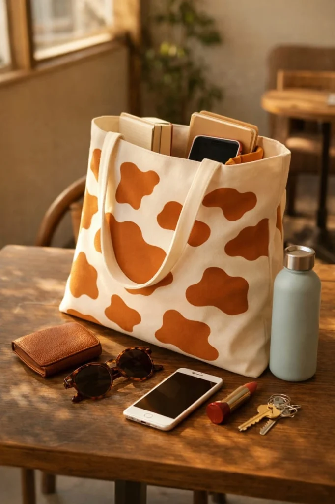 minimalist printed tote bag | aesthetic brown pattern canvas tote | reusable eco friendly shoulder bag for everyday use